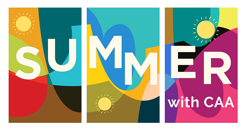 Summer-themed logo showcasing the CAA (Crossroads logo graphic with bright colors and suns for summer with CAA.