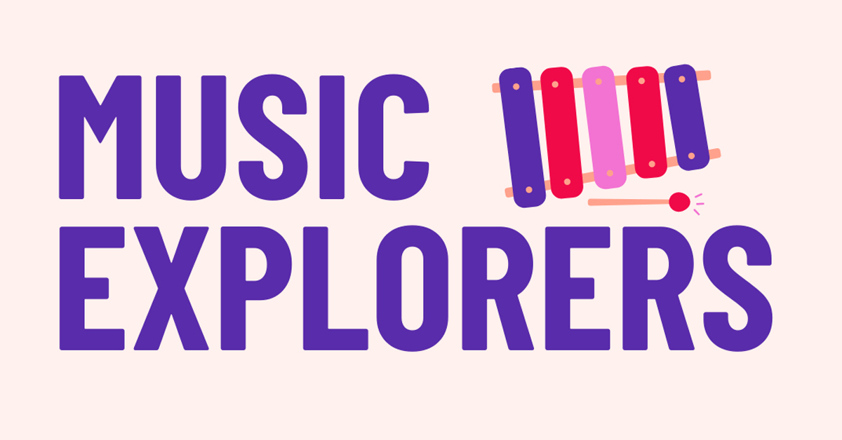 Logo of Music Explorers featuring vibrant purple and pink background, symbolizing creativity and exploration in music.