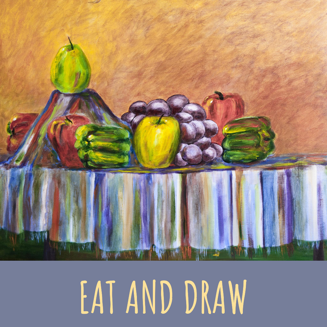 A vibrant painting class where participants enjoy snacks while creating their artwork, blending creativity with culinary delights.