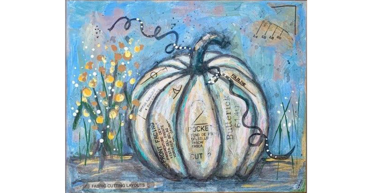 A white pumpkin adorned with artistic lettering, showcasing a blend of creativity and seasonal charm in a vibrant painting.